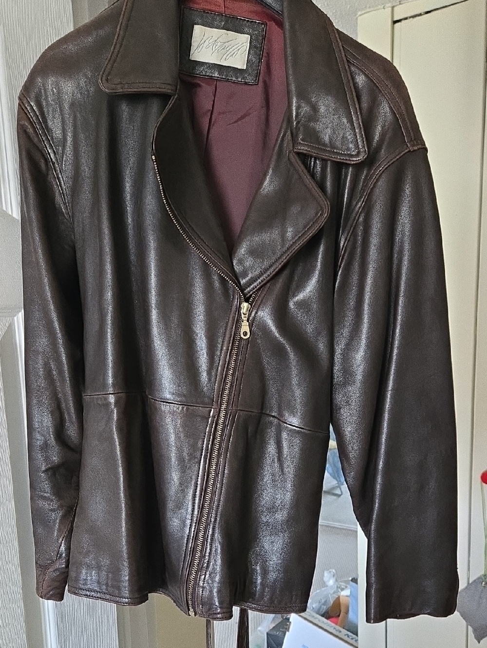 Lord & Taylor Dark Brown Leather Jacket with Burgundy Lining